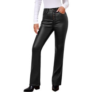 GRAPENT Flare Pants for Women High Wasited Stretchy Faux Leather Look Button Fly Jeans Trendy Bell Bottom Trousers (Black), Size XL