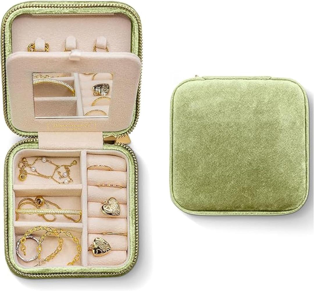 Benevolence LA Plush Velvet Jewelry Box | Travel Jewelry Case Organizer with Mirror | Featured in Oprah's Favorite Things | Best Gifts For Daughter, Girlfriend, Mom | Gifts For Her - Mistletoe Green