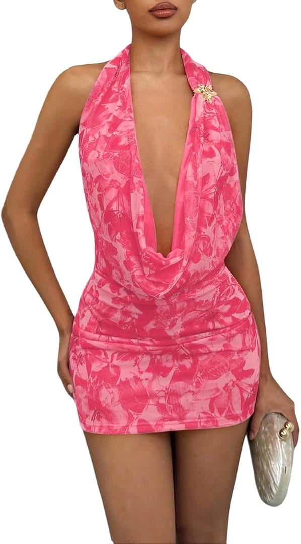 OYOANGLE Women's Sexy Deep V Halter Dress Floral Bodycon Mini Dresses Sleeveless Party Club Outfit (Pink, M)
