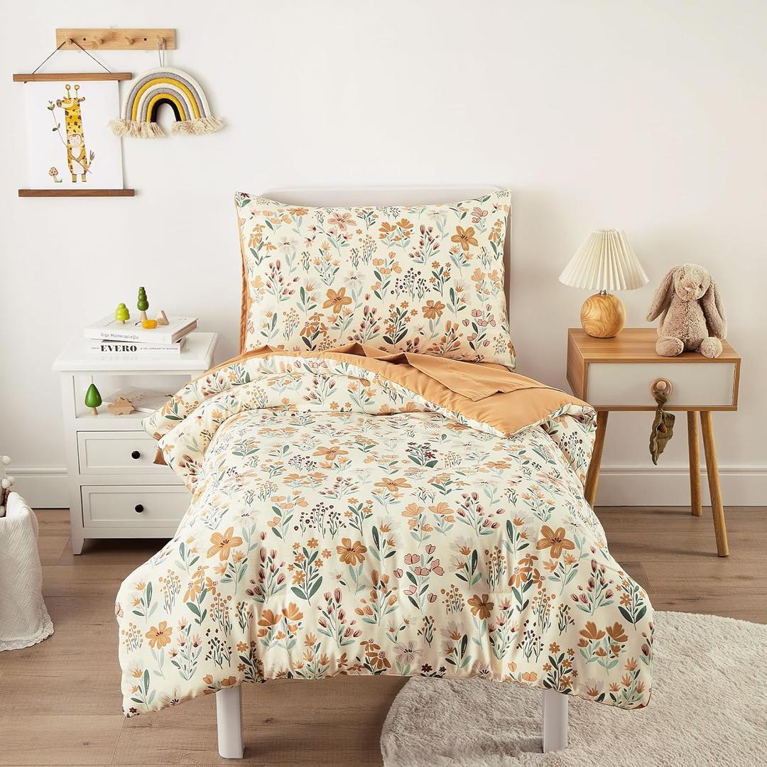 Wake In Cloud - Floral Toddler Bedding Set for Girls, Cute Colorful Botanical Flowers, 4 Pieces Soft Crib Bed Set Including Comforter, Sheets and Pillowcase, Orange Cream