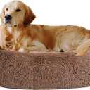Coohom Oval Calming Donut Cuddler Dog Bed,Shag Faux Fur Cat Bed Washable Round Pillow Pet Bed(30"/36"/43'') for Small Medium Dogs (XL(36"x27"x7"), Camel)
