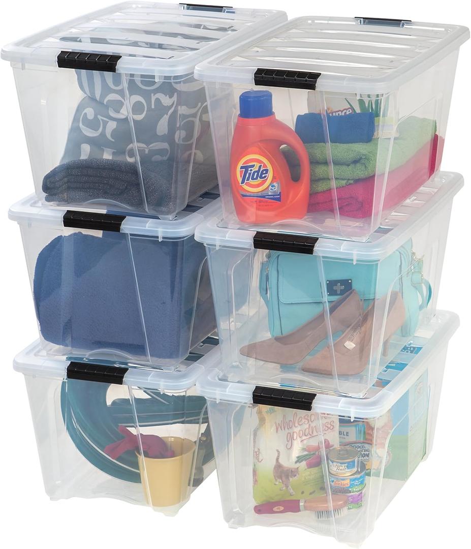 IRIS USA 54 Qt Stackable Plastic Storage Bins with Lids, 6 Pack - BPA-Free, Made in USA - See-Through Organizing Solution, Latches, Durable Nestable Containers, Secure Pull Handle - Clear (54 Qt. - 6 Pack, Clear)