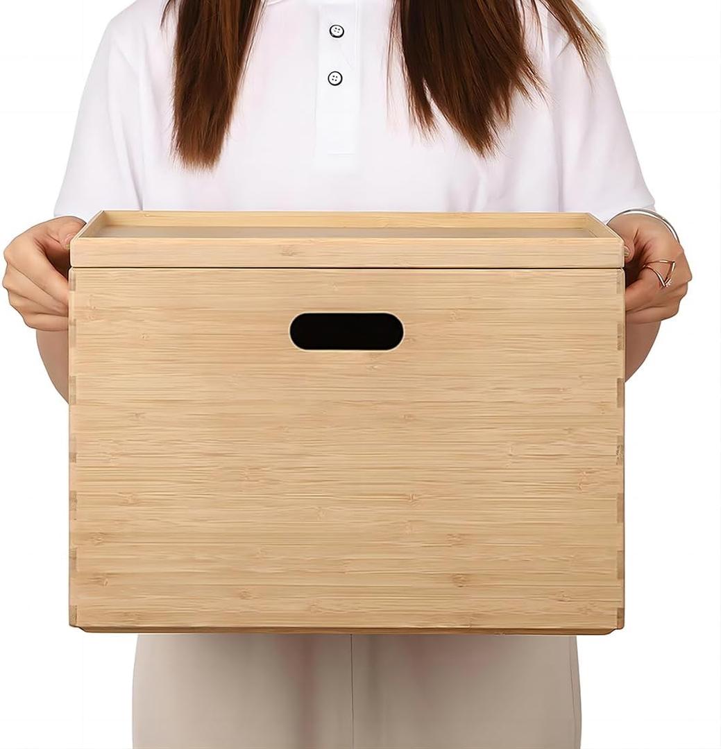 BAMOTTO CRAFTBAMBOO Large 14.6x10.2x9.6 Lidded Bamboo Storage Bins - Stackable with Handles, Box/Cube/Basket for Home Kitchen Office, Organize Tableware Toys Crafts Books