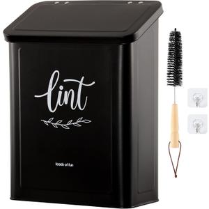 PERFNIQUE Magnetic Lint Bin for Laundry Room with Lint Brush, Wall Mounted Lint Holder Trash can with lid for Dryer, Modern Farmhouse Rustic Metal Laundry Room Storage Organization and Decor(Black)