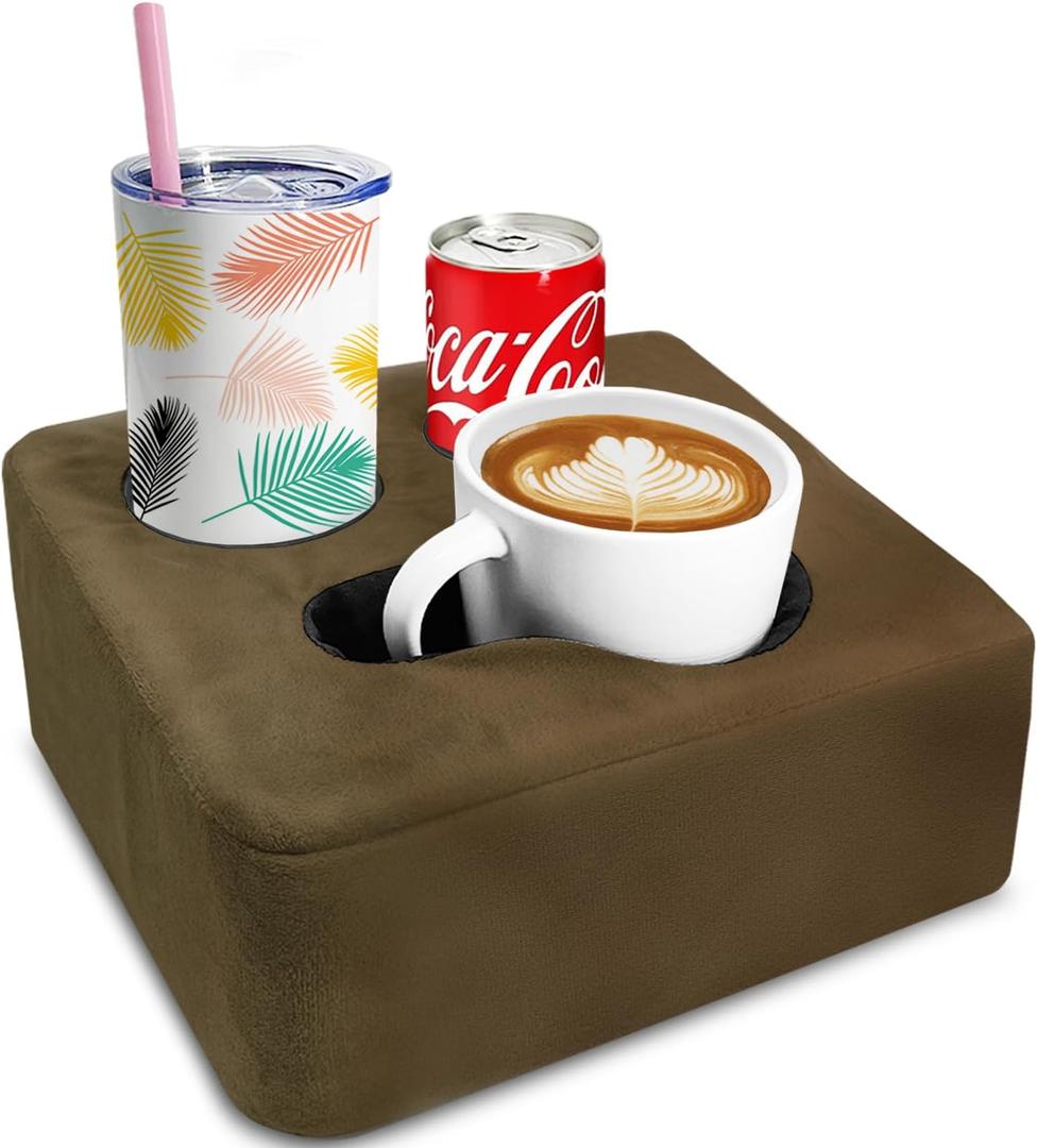 Couch Cup Holder Pillow Tray & Caddy - for Sofa, Bed, Car, Man Cave | Keep Drinks at Hand & Spill-Proof Accessories for New Parents, Camping, Park, Boat, Beach - Brown