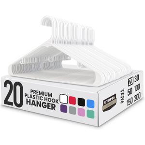Utopia Home Plastic Hangers 20 Pack - Space Saving Clothes Hanger - Durable & Strong Closet Organizers and Storage with Built-in Strap Hooks - Essential for Shirts, Pants, Skirts & Coats (White)