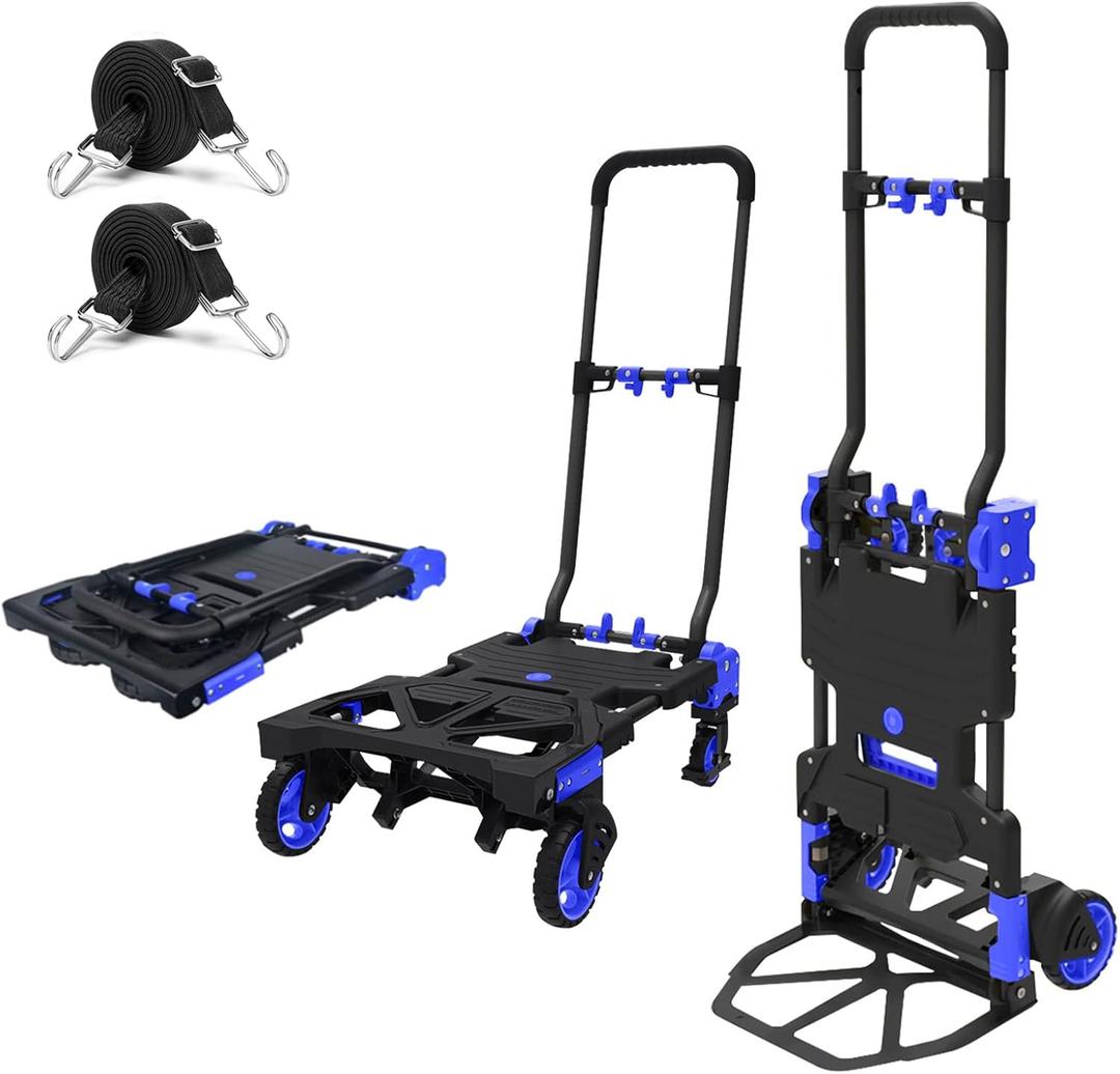 Folding Hand Truck Heavy Duty 330LB Load Carrying,Convertible Dolly Cart with Retractable Handle and 4 Rubber Wheels,Portable Hand Truck Foldable for Luggage/Personal/Travel/Mobile/Office Use. (Blue)