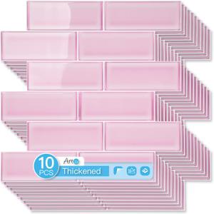 Art3d 3-Pack Heavy-Duty Peel and Stick Backsplash, 12 x 12 Inch Vinyl Seaglass Subway Design Stick on Wall Tile for Kitchen Living Room Home Decor, Pink