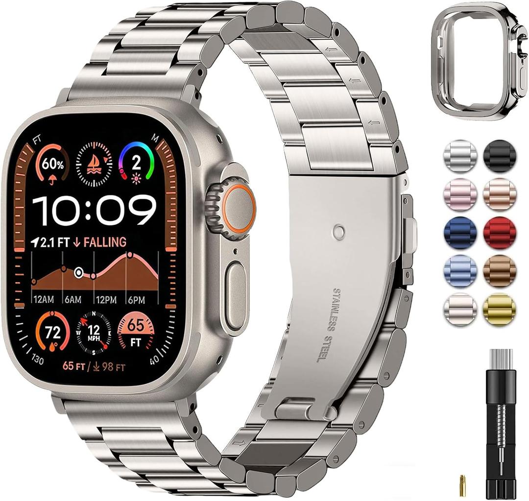 Fullmosa Metal Band Compatible with Apple Watch Bands Ultra3 2 1 49mm, Stainless Steel Strap iWatch Band with Case for Apple Watch, Starlight