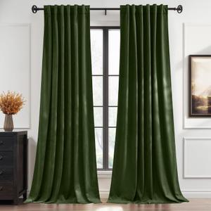 StangH Green Velvet Curtains 84 inches 2 Panels, Back Tab & Hook Belt Blackout Curtains for Bedroom, Thermal Insulated Privacy Drapes for Living Room, Moss Green, W52 x L84 inches, 2 Panels