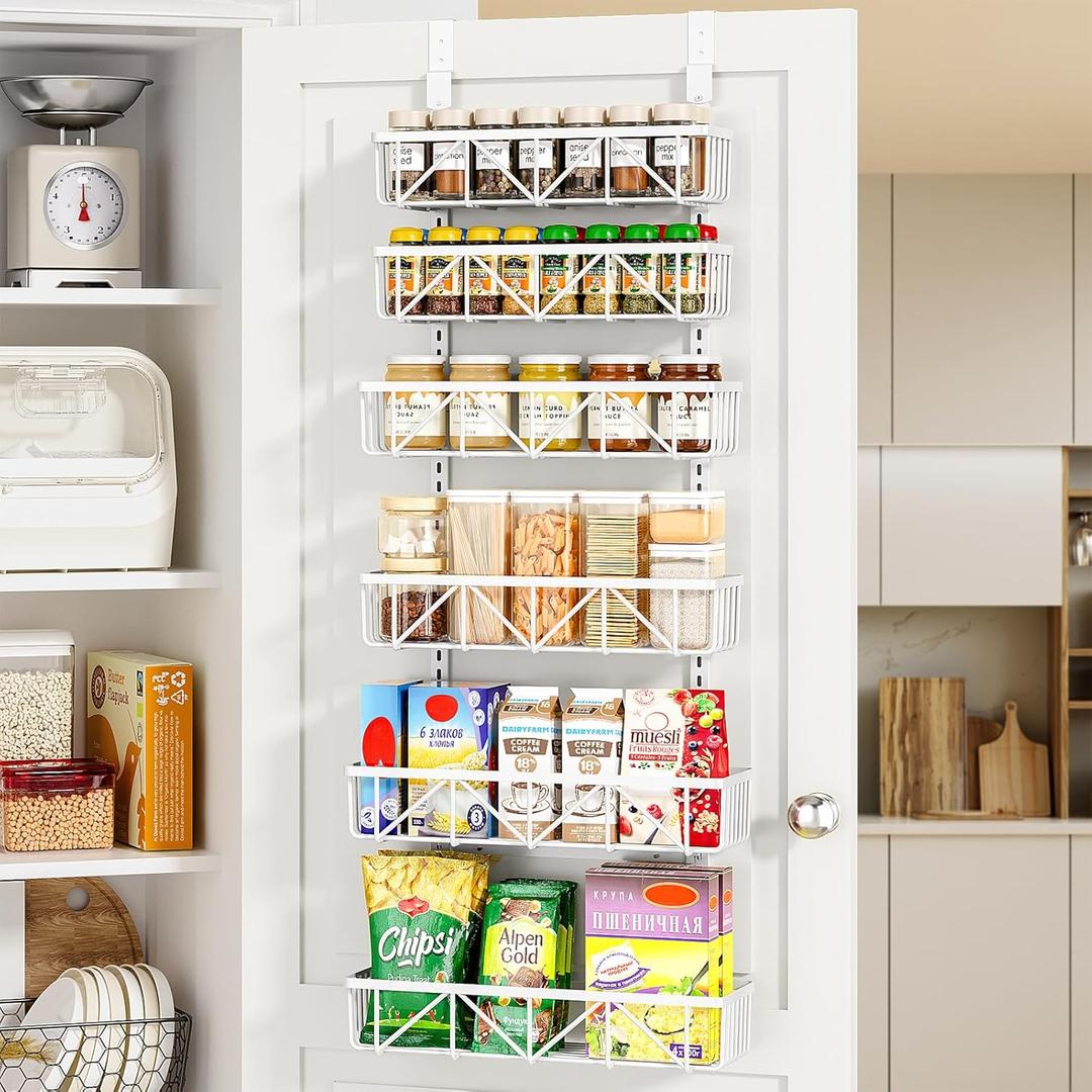 Delamu Pantry Door Organizer, Adjustable Metal Over the Door Pantry Organizer Rack, 6Tier Over the Door Spice Rack, Kitchen Pantry Door Organizers and Storage, D5 W12 H52.1 inch, White, Small