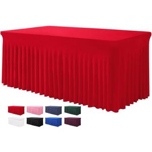 Table Skirt for 4 Foot Tables - One-Piece Red Tablecloths and Skirt, Wrinkle Resistant Ruffles Elastic Cover for Banquets, Weddings, Events, Parties