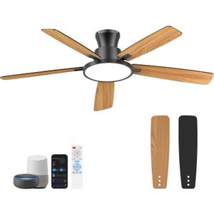 Ceiling Fans With Lights,52 Inch Smart Ceiling Fan, Remote/App Control, Compatible with Alexa/Google Assistant,Reversible,Dimmable,Adjustable Color Temperature,6 Speeds,Timer(Black) (Black and Oak)