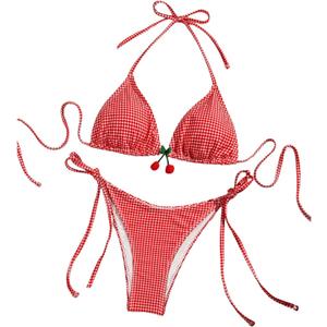 SHENHE Women's Checkered Swimsuits 2 Pieces Halter Triangle Plaid Cheeky Bikini Set, Size XS