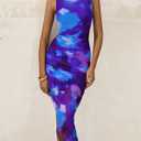 PRETTYGARDEN Women 2025 Summer Mesh Dress Spaghetti Strap Cowl Neck Print Ruched Bodycon Dresses Asymmetrical Long Dress (Blue)