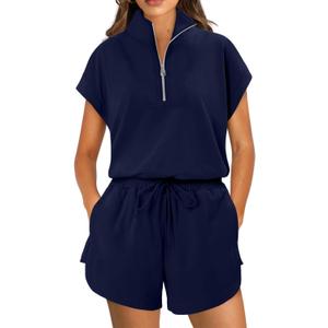KISSMODA Two Piece Sets for Women Sweatsuit Casual Tracksuits Short Sleeve Tops and Shorts 2025 Lounge Outfits (Blue, L)