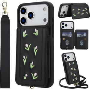 Wallet Case for iPhone 17 Pro, Magnetic Snap Flip Leather Cover with Flower Design Credit Card Holder Stand WristbandiPhone 17 Pro Protective Phone Case for Women