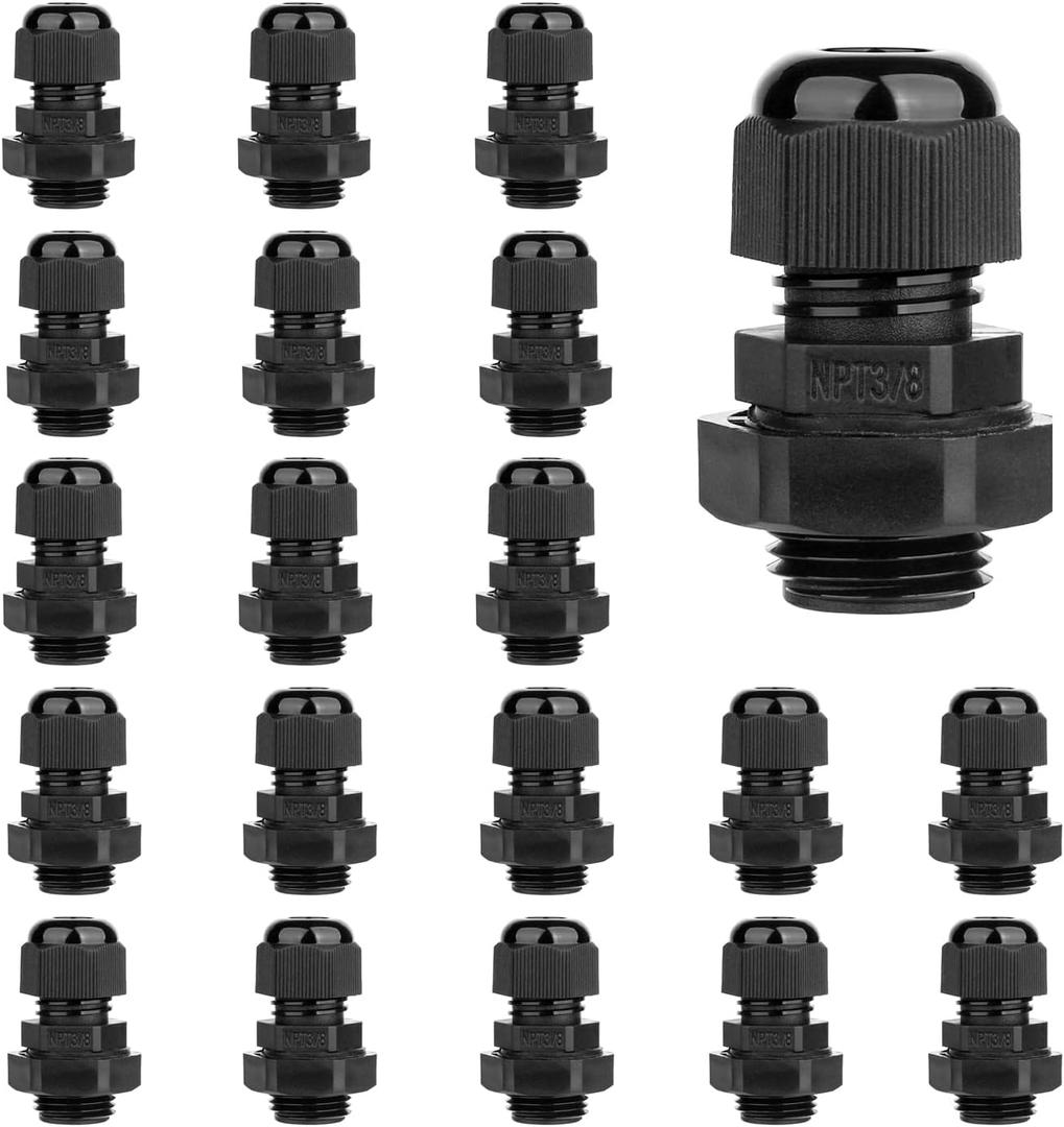 20 Pack 3/8'' NPT Cable Gland Waterproof Adjustable 4-8mm/0.16-0.31inch Nylon Cable Glands Joints with Gaskets (3/8", 20 Pack)