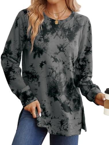 Saloogoe Sweatshirt for women Side Split Fall Fashion 2025 Long Sleeve Shirts Trending Now XL