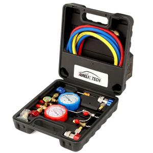 3 Way AC Manifold Gauge Set, Fits for R134A R12 R22 and R502 Refrigerants, with 5FT Hose, Acme Tank Adapters, Quick Couplers and Can Tap