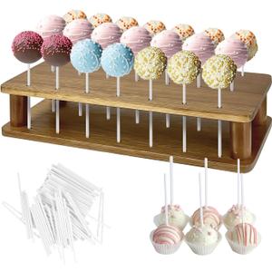 Wood Cake Pop Stand with 100 Pcs 4mm Cake Pop Sticks - 21 Holes Cake Pop Holder Stand for Dessert Table- Lollipop Holder for Birthday Party Anniversaries Holiday Candy Decorative