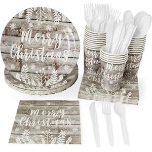 Juvale 144 Piece Merry Christmas Party Plates, Napkins, Cups, Cutlery, Wood Plank Design Dinnerware (Serves 24)