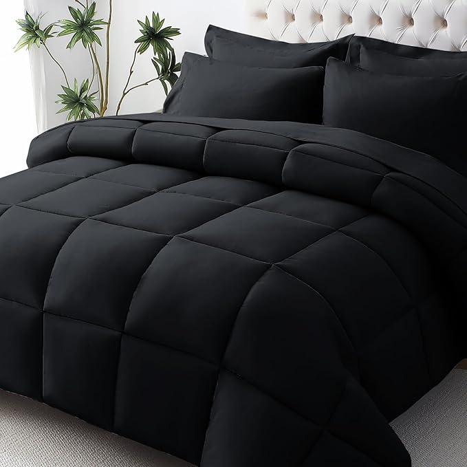 JOLLYVOGUE Queen Comforter Set, Ultra-Soft Bed in a Bag Queen Size 7 Pieces, Oeko-TEX Certified Bedding Set with Down Alternative Comforter, Sheets, Pillowcases & Shams, Black