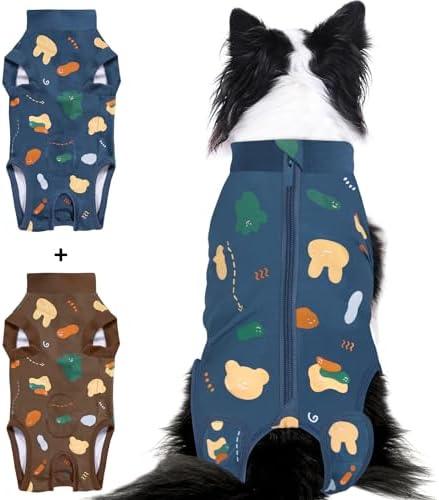 Dog Surgery Recovery Suit, Post Surgery Protective Wear with Pee Hole, Unisex Pet Surgical Vest for Wound Care, Spay/Neuter Healing (2 Packs Blue Bear+Brown Bear, Large)