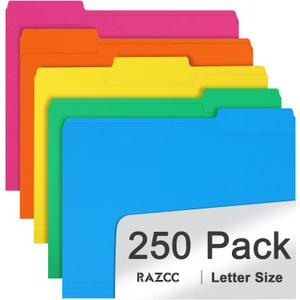 File Folder, RAZCC 250 Pack 1/3 Cut Tab Colored Folders, Colored File Folder Letter Size for Office Classroom Use, Folders with Tabs Assorted 5 Colors