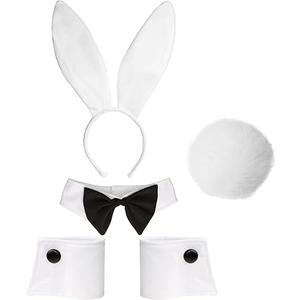 Bunny Costume Set - Rabbit Ears Headband, Bow Tie, Cuff and Tail Accessories Kit White Set
