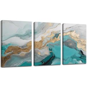 RUIFENGL Abstract Teal and Gold Canvas Prints Wall Art for Living Room Office Wall Decor Artwork Paintings Pictures for Bedroom Bathroom Home Wall Decoration Office Poster 16"x24"x3 Panels