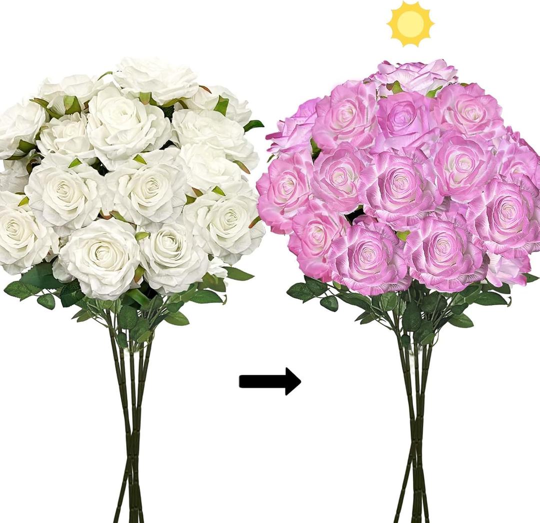 SNAIL GARDEN Color Changing Artificial Roses, 15 Blooms White to Purple Realistic Silk Flowers, 25.5" Long Stem White Artificial Roses for Wedding Centerpieces Home Decor DIY Bouquets