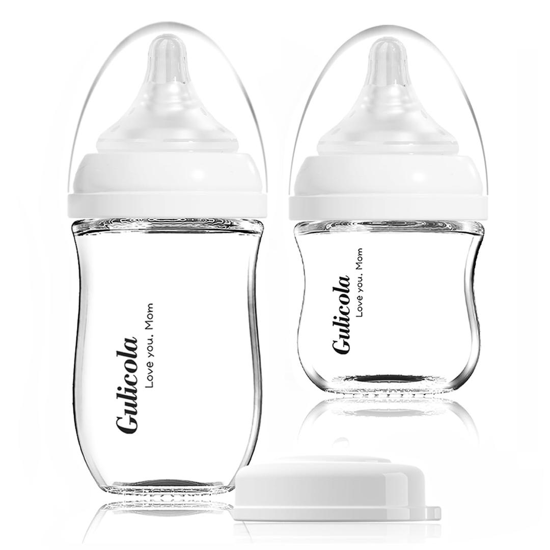 Gulicola Natural Glass Baby Bottle Newborn Set, 3 oz and 5 oz with Extra Slow Flow & Slow Flow Nipple, Anti Colic, 0-3 Months, 2 Pack - White (Clear)