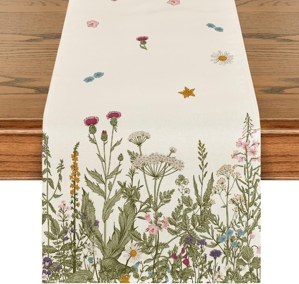 Artoid Mode Antique Herbs and Wild Flowers Summer Table Runner, Spring Fall Kitchen Dining Table Decoration for Home Party 13x72 Inch (Off White)