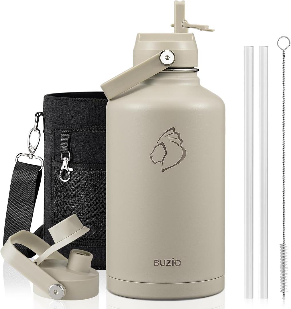 BUZIO 64oz Insulated Water Bottle, Half gallon Stainless Steel Jug (Cold for 48 Hrs), Triple Wall Vacuum Large Metal Flask with Leakproof Straw Lid and Carry Sleeve, Greige