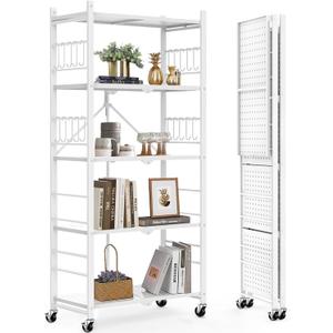 Himix 5-Tier Storage Folding Shelf with 20 Hooks, 4 Wheels, and Adjustable Feet, Stainless Steel (White)
