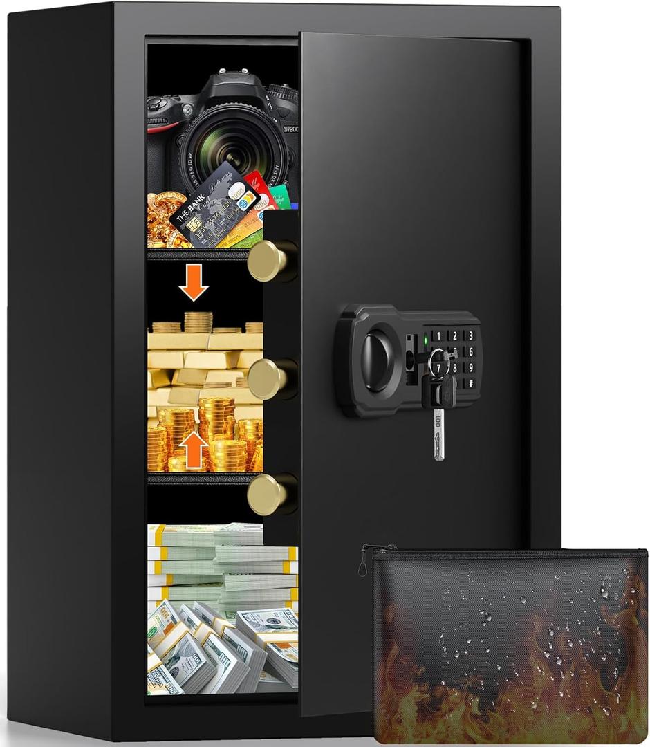 21.65"H Large Safe Box for Home, 3.8 cu ft Anti-Theft Safe with A4 Fireproof Bag, Steel Security Safe with Keypad Lock, Backup Keys, External Power Supply Box, Document Safe for Cash Medicine Document