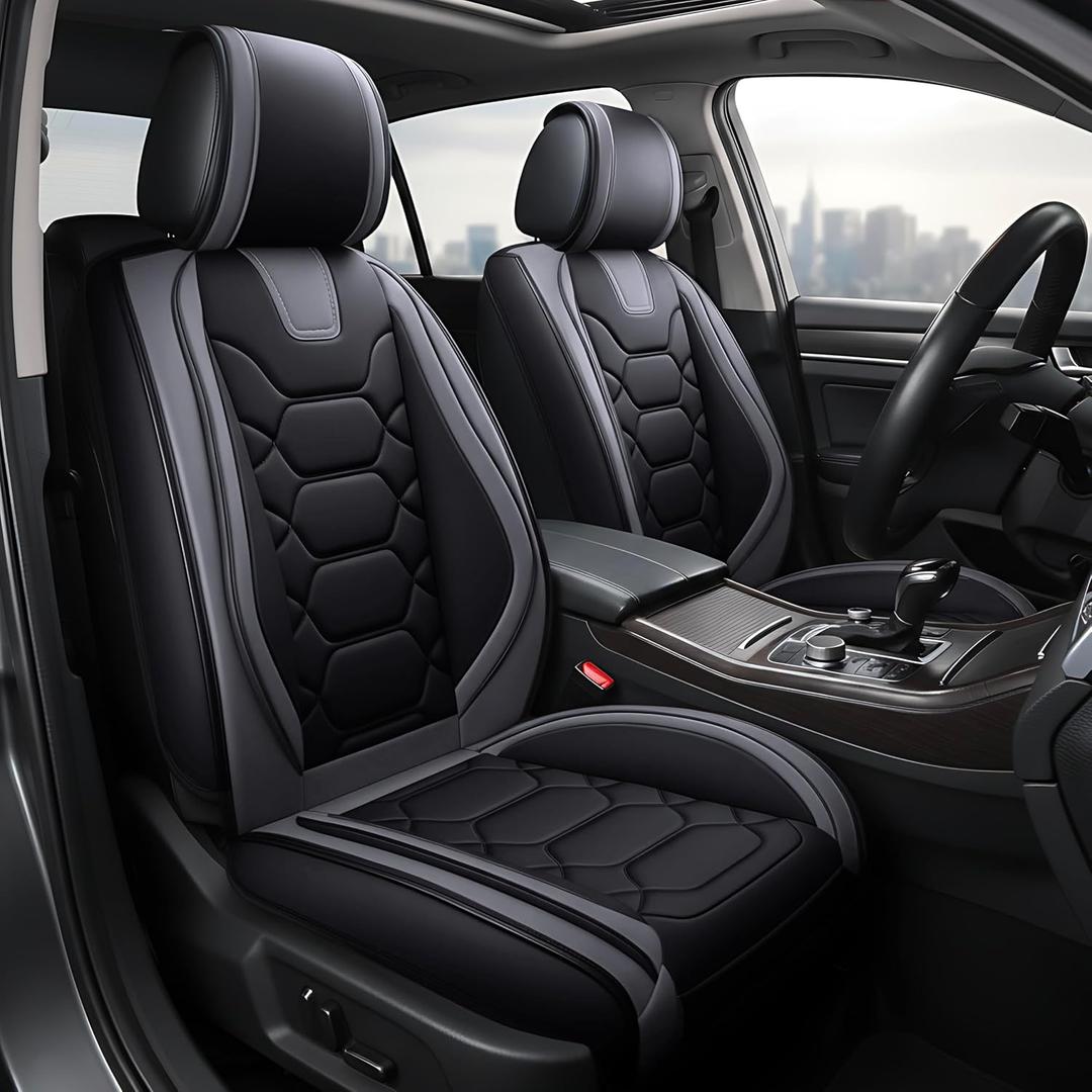 OASIS AUTO Car Seat Covers Front Seats, Sporty Honeycomb Waterproof Faux Leather Protectors, Universal Fit for SUV, Sedan, Truck Interior Accessories (OS-004 Black&Gray)