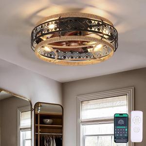 18 Boho Nylon Cage Ceiling Fans with Lights and Remote, Black Flush Mount Ceiling Fan, Farmhouse Small Fan Lamp Lighting Fixture for Living Room, Reversible(Bulbs not Included) (Brown)