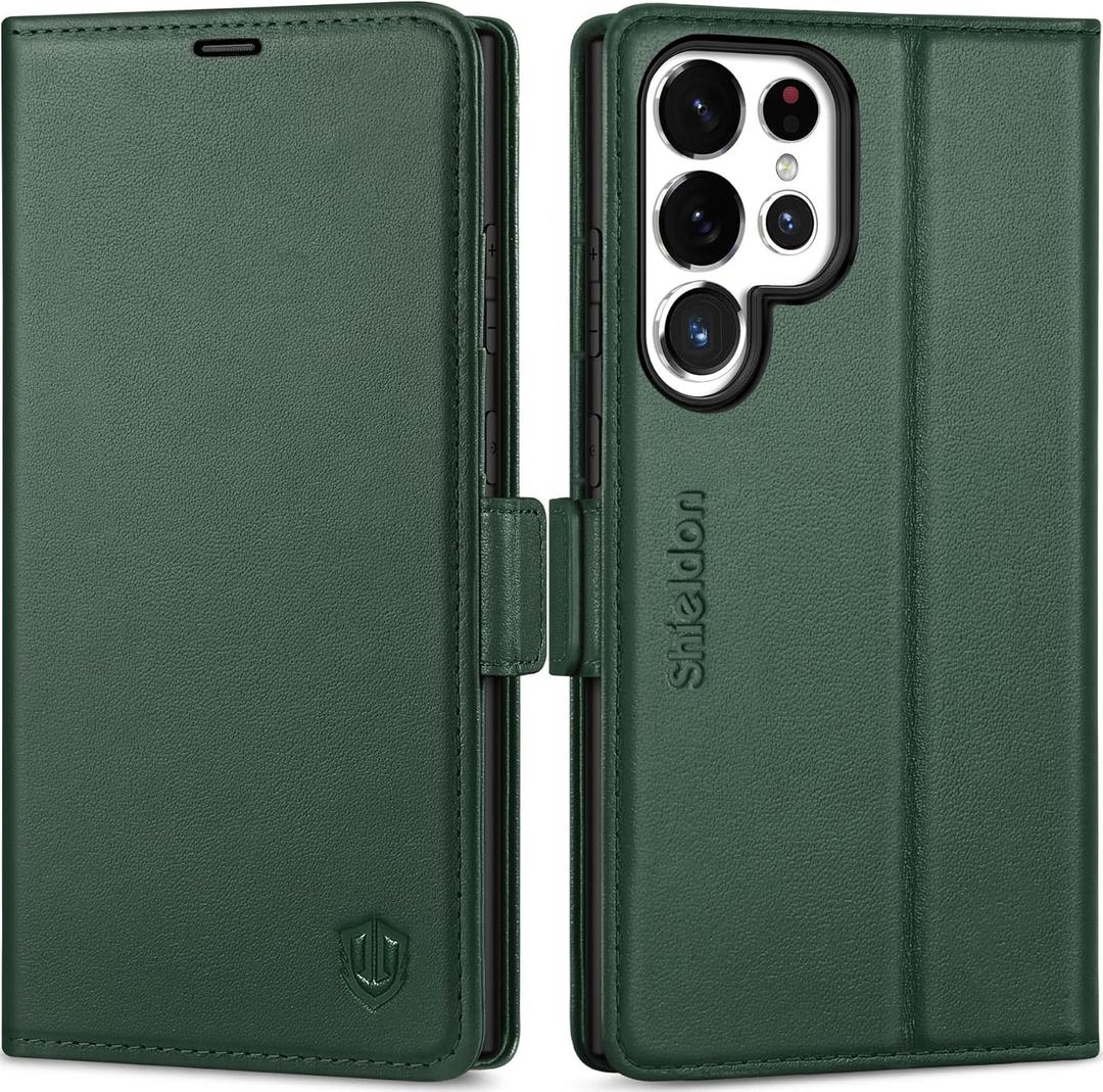 SHIELDON Case for Galaxy S25 Ultra 6.9", Genuine Leather Wallet Case with RFID Blocking Card Holder Kickstand Shock Absorbing Protective Cover Compatible with Galaxy S25 Ultra 2025 - Evergreen