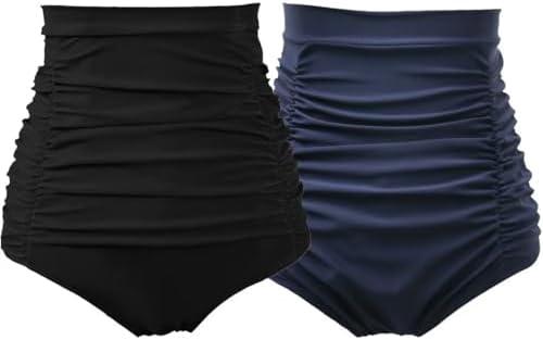 COCOPEAR Women's Ruched High Waisted Bikini Bottom Retro Vintage Swim Short Tankinis (Pack of 2) Black+Navy 2XL/14-16