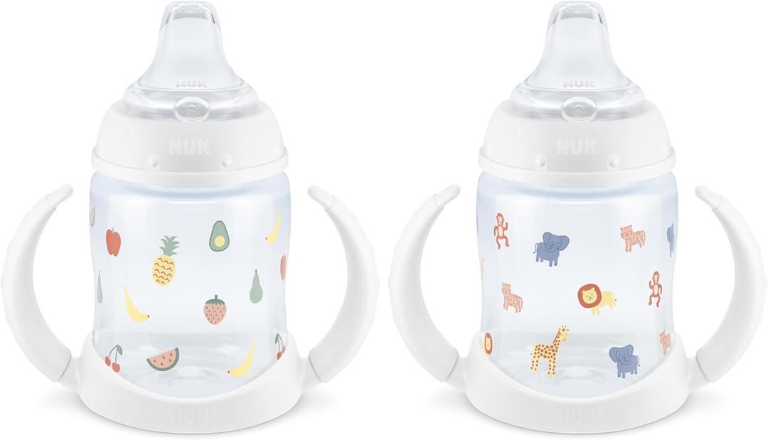 NUK Learner Cup, 6+ Months, Fun Fruits and Animals,  Collection, 5 Oz, Pack of 2 BPA Free, Soft Spout, Spill Proof Sippy Cup