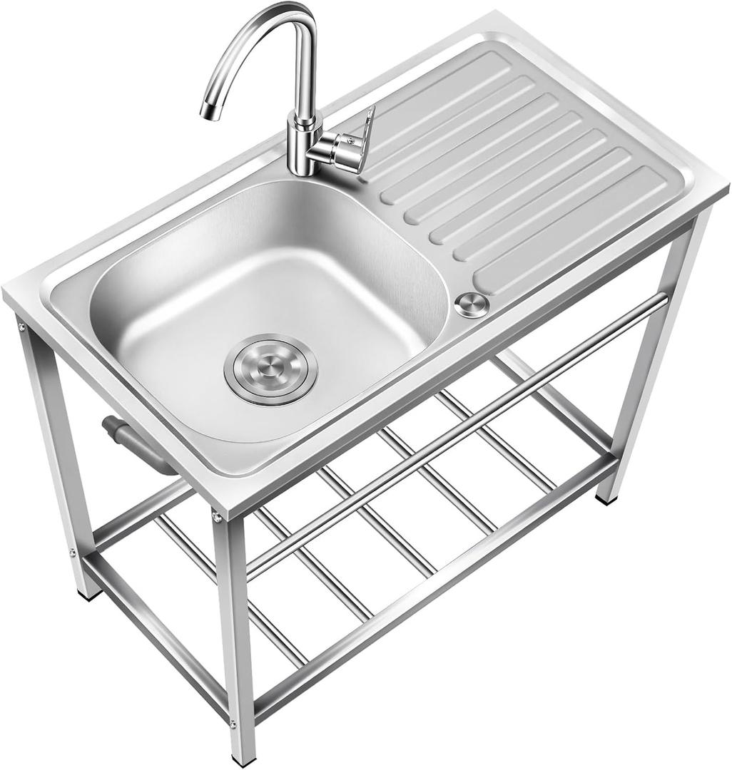 Outdoor Free Standing Sink, Utility Stainless Steel Kitchen Single Bowl Washing Hand Basin Station Sink with Drainboard and Faucet, for Restaurant, Cafe, Bar, Hotel, Garage, Laundry Room, 29.5*15.7*29.5in