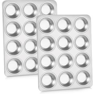 P&P CHEF Muffin Pan Cupcake Baking Pan Set, Stainless Steel Muffin Tin Tray for Mini Cake Tart Quiche, Oven & Dishwasher Safe, Non-toxic & Heavy-duty, (12 Cup, 2Pcs)