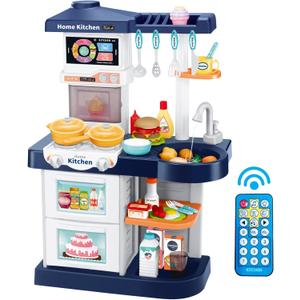Kids Play Kitchen Playset, Toddler Toy Kitchen with Remote Control Lights and Music,Pretend Steam and Play Sink, Blue Kitchen Accessories Set for Kid, Birthday for Boy Girl