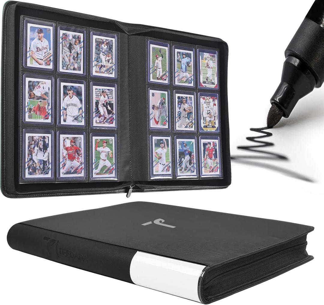 Top Loader Binder, 9 Pocket, Holds Up to 360 3" x 4" Toploaders, 20 Double-Sided Ringless Sleeves, Side-Loading for Easy Insertion,Side Label Tab and Marker for Easy Identification (Black)