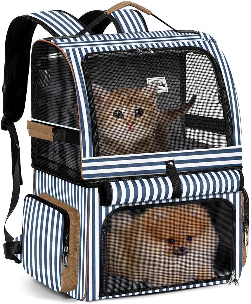 Lekebobor Cat Backpack for 2 Cats - Double-Compartment Pet Carrier for Two Small Cats or One Medium Dog, Fits Up to 24 Lbs, Blue Striped