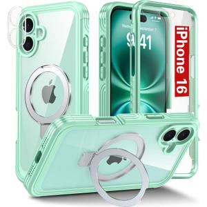 Oterkin Magnetic for iPhone 16 Case Compatible with MagSafe [Foldable Stand][HD Camera Lens Protector][Built-in Touch Sensitive Glass Screen Protector] 15FT Military 360 Full Body Rugged Case (Green)