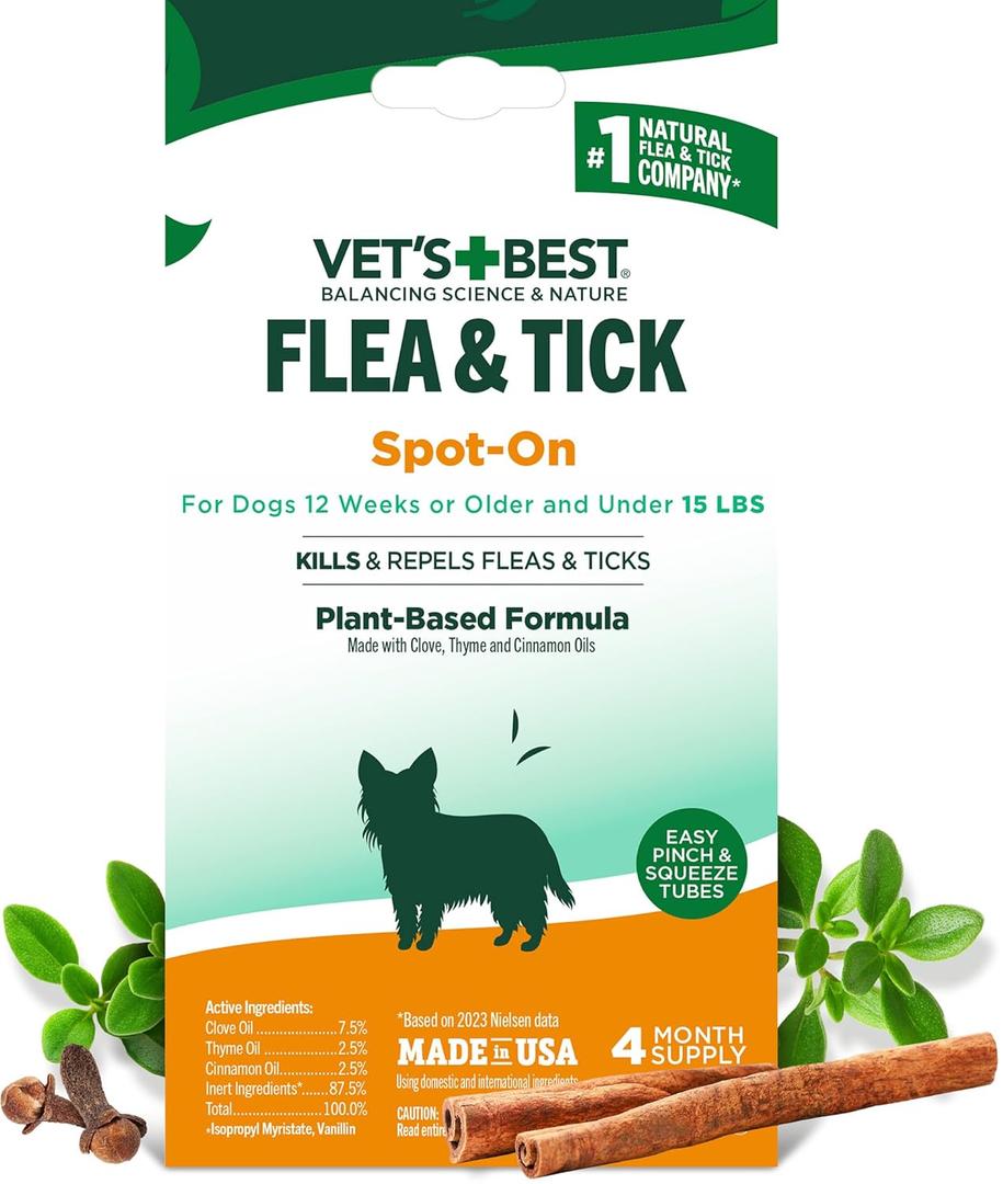 Vet’s Best Natural Flea and Tick Drops for Small Dogs – PlantBased SpotOn Treatment with Certified Essential Oils – Topical Flea and Tick Prevention and Control – Natural Pest Care – 