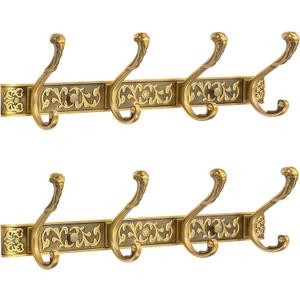 Vintage Coat Rack Wall Mount, Decorative Wall Coat Rack with 4 Hooks for Hanging Key Purse Hat Robe Towel Clothes Unique Hanger for Bathroom Shower Entryway Antique Brass 2 Pack